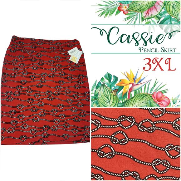 LuLaRoe Cassie Skirt 3XL Red Nautical Rope Knot Summer Coastal Fitted Pencil - Picture 9 of 9